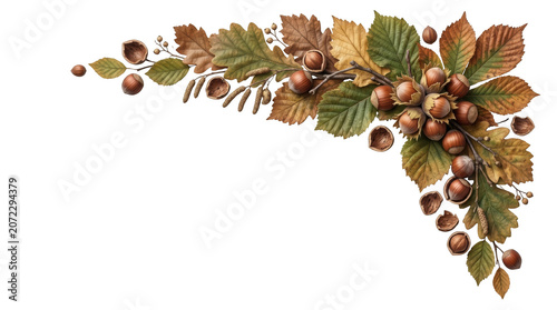 Decorative autumn corner arrangement of hazelnuts and oak leaves transparent background