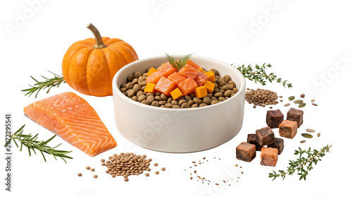Dry pet food bowl topped with salmon cubes on transparent background