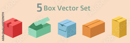 Set of 5 colorful isometric cardboard box vector icons, modern open and closed packaging mockups for delivery, shipping, warehouse logistics and ecommerce design.