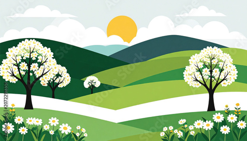 Blooming Tree in Green Landscape.