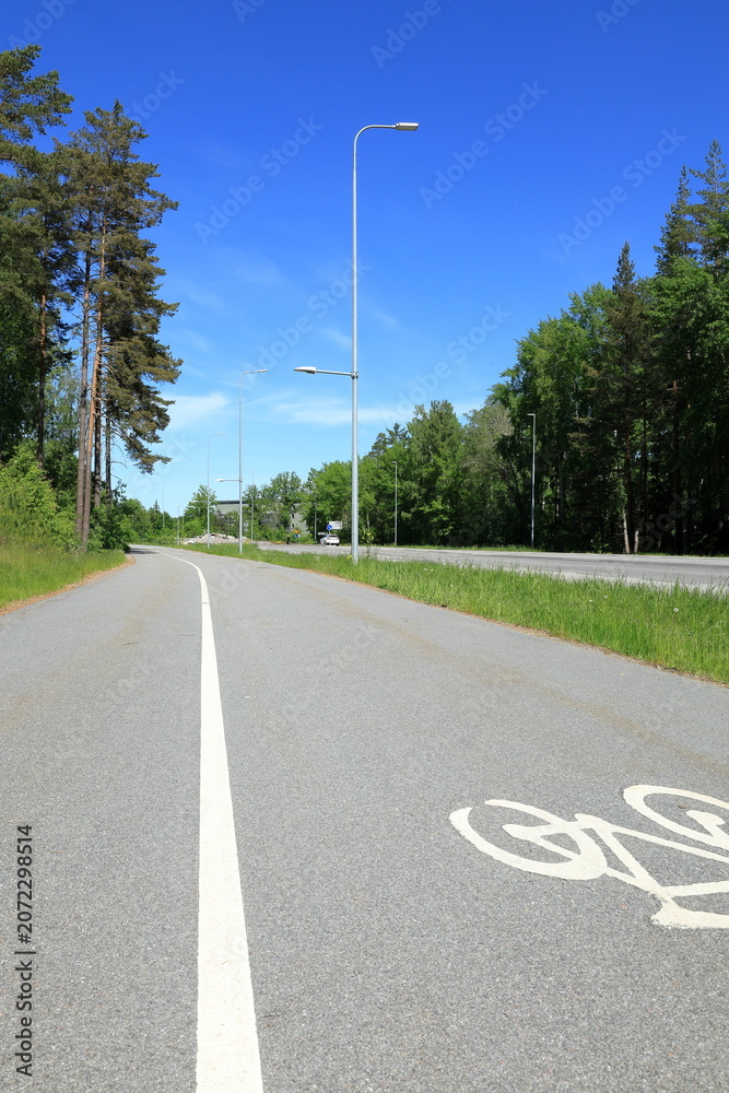 Fototapeta premium Swedish road during the summer. Green nature and pleasant weather. Stockholm, Sweden. For walking or driving a bike.