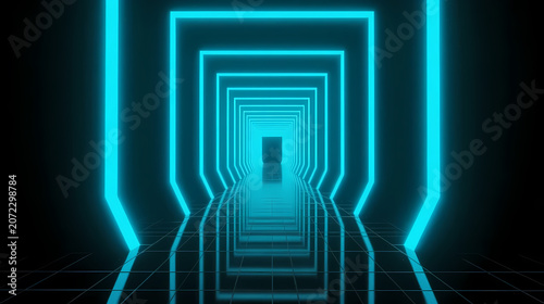Deep cyber tunnel with glowing cyan frames