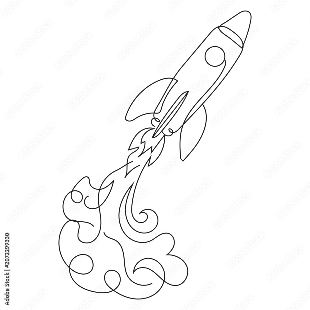 Naklejka premium Rocket launch continuous line art illustration, minimalist space rocket drawing with modern single line design and exploration concept