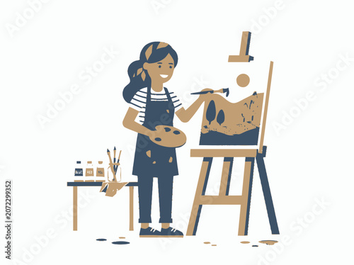 Artist Painting Landscape Scene on Easel, Creative Hobby, Art Studio Illustration