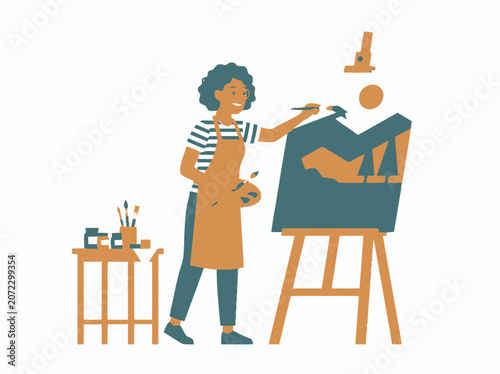 Artist painting landscape on easel, creative hobby, art studio, illustration