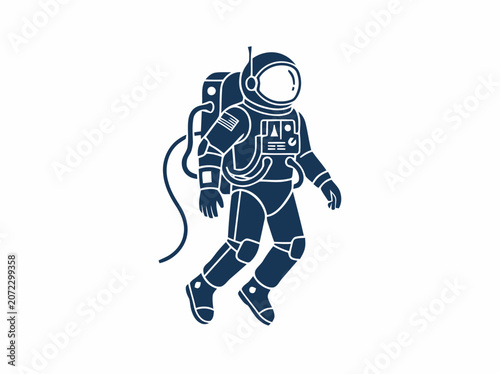 Astronaut floating in space, dark blue outline illustration on white background