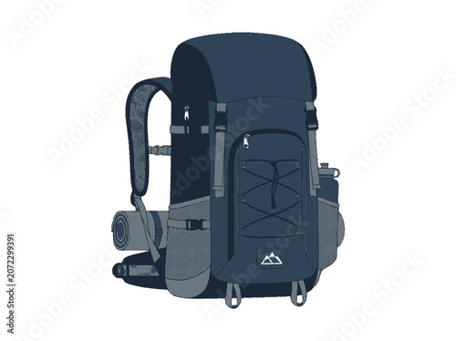 Blue Hiking Backpack with Rolled Sleeping Pad and Water Bottle Holder