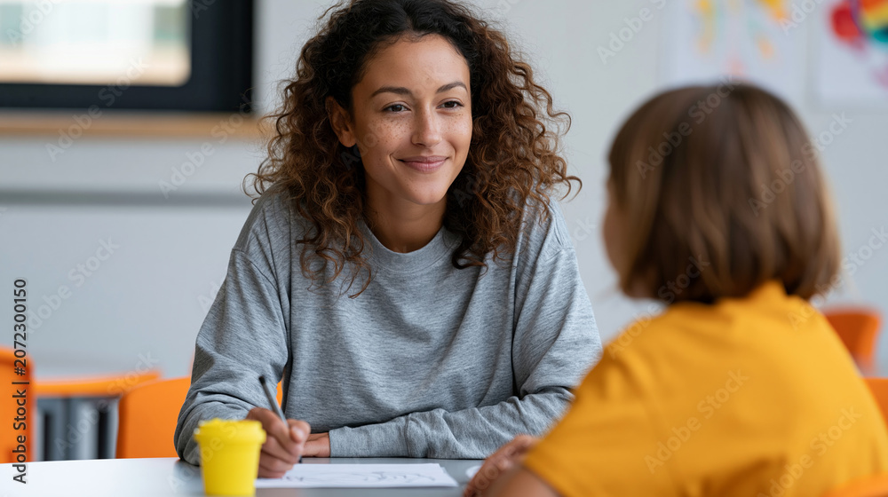 Obraz premium Latina therapist guiding a patient in an art therapy session, creative psychology treatment concept, with copy space