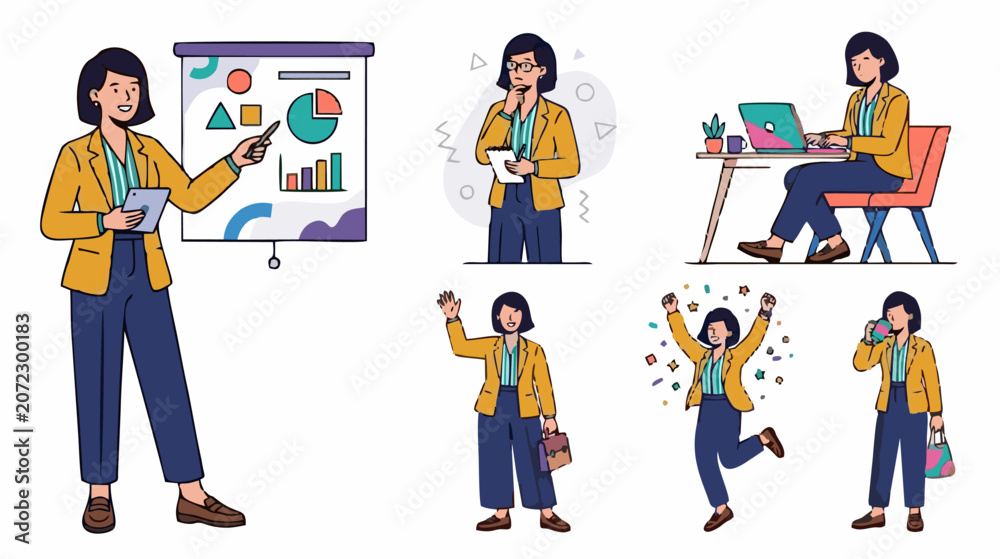 Fototapeta premium A character design sheet of a modern professional woman