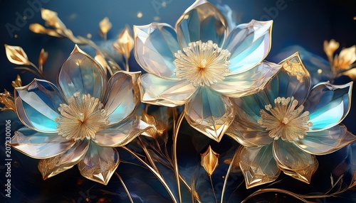 Abstract Crystal Flowers With Glittering Gold Accents Elegant And Sparkling Floral Art