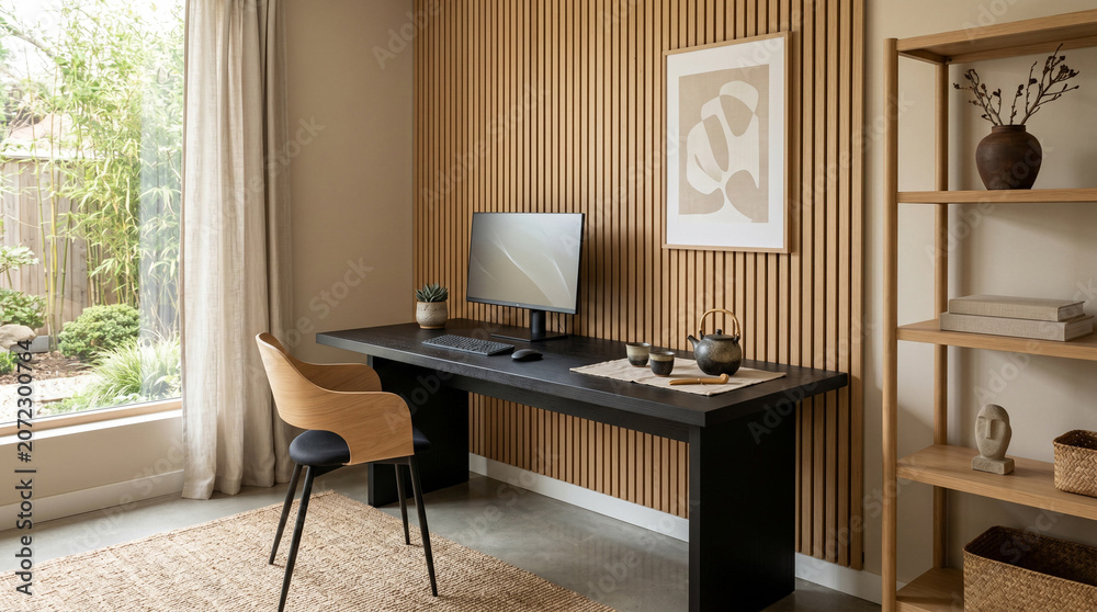 Fototapeta premium Modern home office with wooden accent wall, black desk, minimalist art, and natural light.