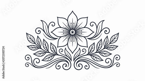 Symmetrical Floral Ornament with Stylized Flower and Leaves, Decorative Botanical Design Element, Elegant Vector Illustration on Isolated White Background