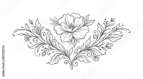 Elegant Botanical Floral Ornament with Blooming Flower and Leaves, Detailed Decorative Swirls Vintage Design, Classic Black and White Vector on Isolated White Background