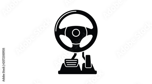 Steering Wheel And Pedals Icon Flat Silhouette On White Background
