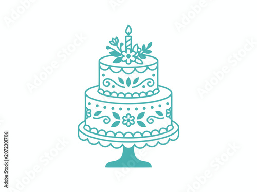 Decorative Birthday Cake Icon - Two Tiered Celebration Dessert with Candle and Flowers
