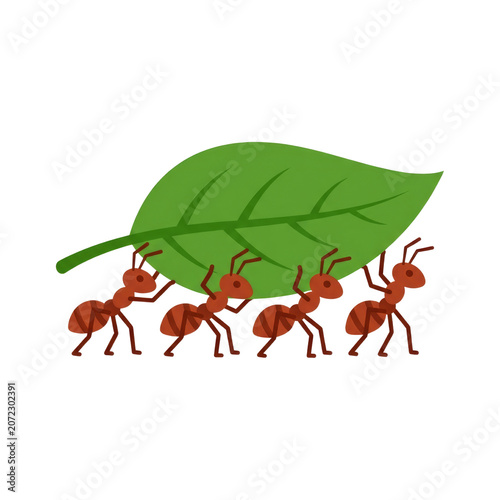 Four Cartoon Ants Working Together Carrying a Large Green Leaf