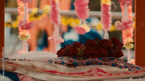 Podium with the sacred book Adi Granth during the Vaisakhi Indian Sikh religion