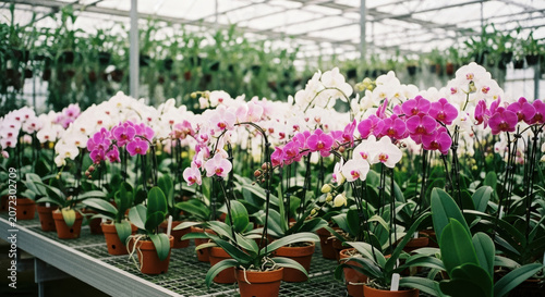 Orchid flowers bloom in vibrant pink and white colors inside a professional commercial greenhouse nursery.