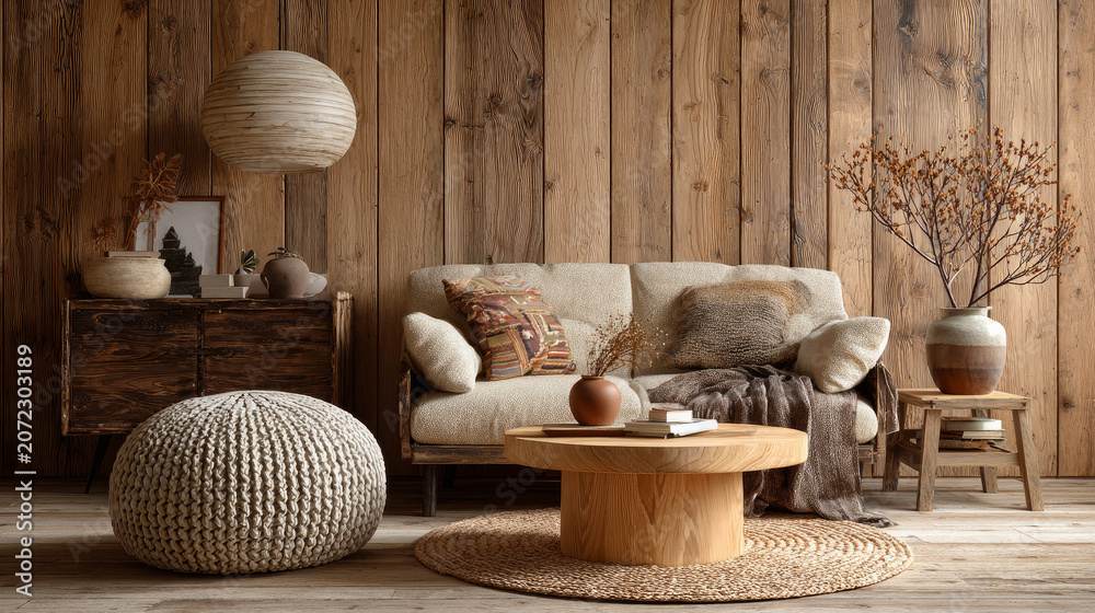 Obraz premium Interior Cozy Sofa Setting with Earthy Pillows and Green Accents in Stylish Modern Living Room