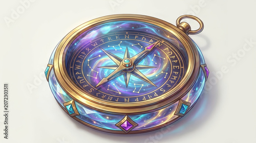 Magical gold compass with a glowing galaxy and constellations inside. Mystical navigation tool with ancient runes and gemstones on a white background