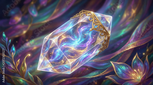 Glowing magical crystal with swirling cosmic energy and gold filigree. Ornate fantasy gemstone surrounded by iridescent floral leaves