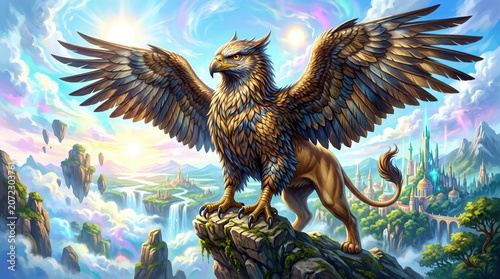 Mythical griffin standing on a rocky cliff. Fantasy landscape with floating islands and waterfalls. Magical creature with eagle wings and lion body overlooking a glowing city
