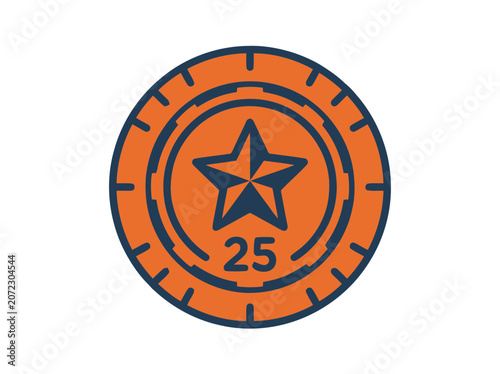 Orange and blue star coin icon with number 25