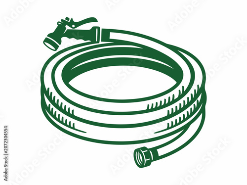 Green garden hose coiled on white background, water sprinkler nozzle attached