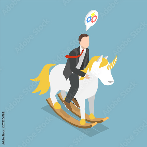 Fotografía 3D Isometric Flat Vector Illustration of Unicorn Startup, Successful Entrepreneur Riding Unicorn Rocking Horse Into The Sky As Creative Money-Making Idea