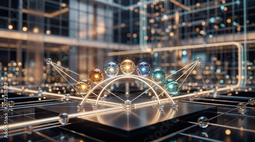 Abstract risk management visualization with balanced glowing spheres representing strategic financial security and asset planning