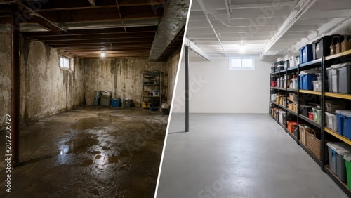 Damp basement and clean storage room after waterproofing