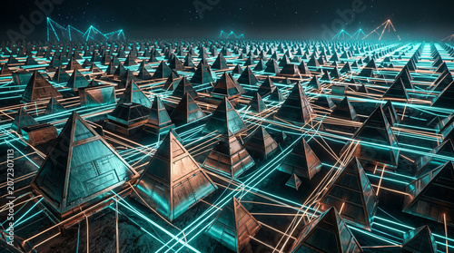 Futuristic Geometric Landscape with Neon Pyramids and Data Lines