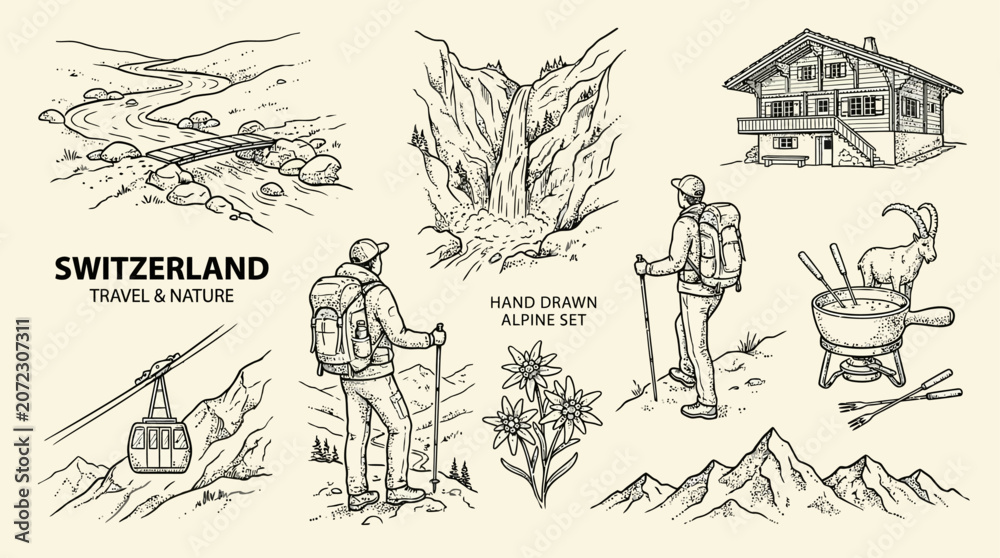 Obraz premium Minimalist Switzerland Travel Landscape Doodle Featuring Scenic Alpine River Sketch Artistic Drawing Of Swiss Mountain Nature Panorama In Monochrome Vector Style
