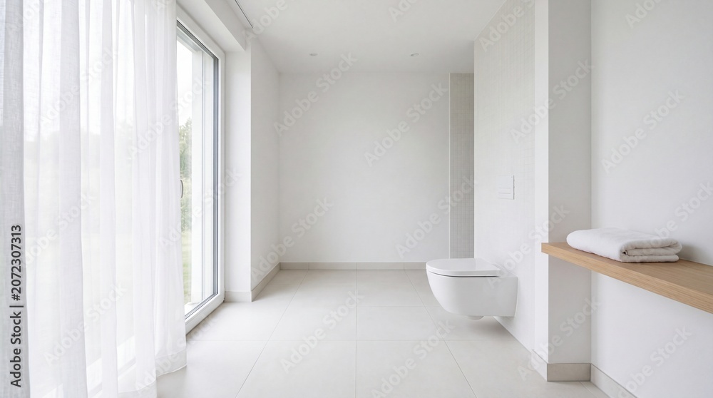 Fototapeta premium Bright minimalist bathroom featuring white toilet and a large window with sheer white luxury curtains