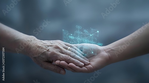 Two hands joining together with glowing digital network hologram above, representing technology partnership, data connection, and business collaboration between professionals.