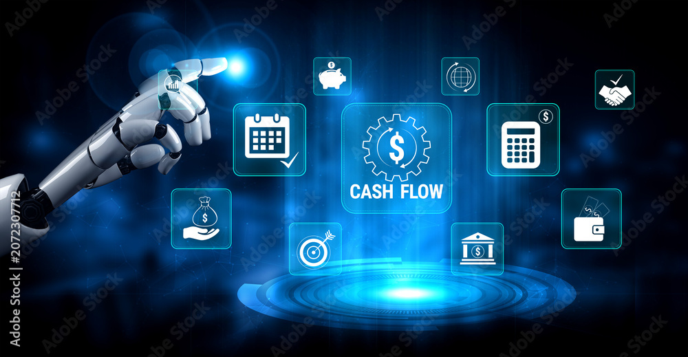 Fototapeta premium Futuristic Robot Hand Interacting with Digital Cash Flow Icons and Finance Symbols in a Blue Technology Interface Display. Glyphic.