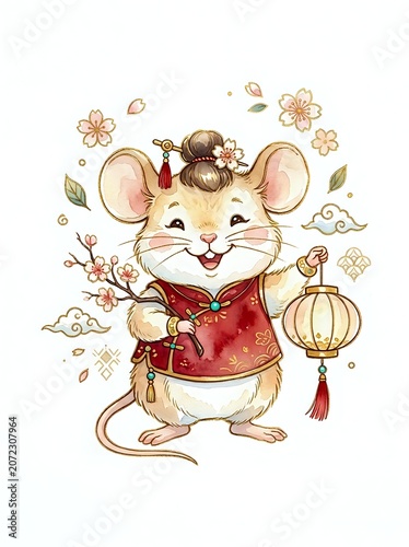 Cute mouse character wearing red traditional clothing holding lantern surrounded by flowers and decorative elements on isolated white background for children's design and festive projects.