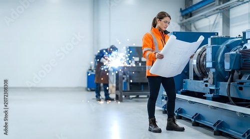 Engineer in orange safety vest and glasses reviewing blueprints at industrial manufacturing facility with machinery and workers in background for factory operations and construction planning.