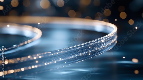 Glowing fiber optic cables with bokeh lights create a modern digital communication network background for technology and connectivity concepts.