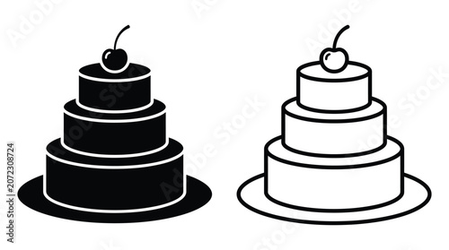 Foto Tiered wedding cake silhouette on a plate black and white design