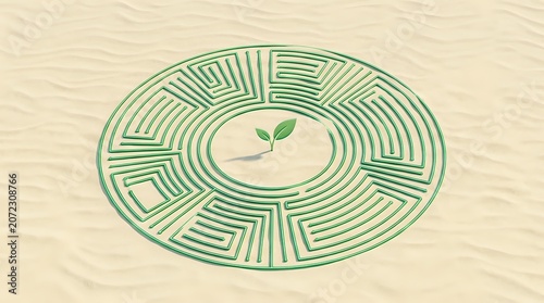 Circular green maze with small sprout plant at center on sandy beige background, representing growth, sustainability, and environmental solutions for eco-friendly design projects.