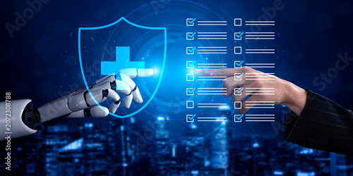 Konstfotografi A human and a robot interact in a futuristic setting, emphasizing safety and security with a digital shield