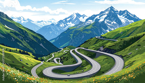 Winding road through green mountain landscape.