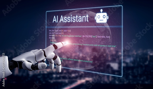 Quadro su tela Futuristic robotic hand interacting with digital interface showcasing AI technologies and programming codes at night skyline backdrop