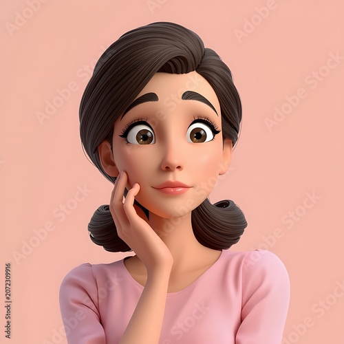Cute 3D character woman looking sideways with wide eyes, touching her cheek thoughtfully against a solid pastel pink background.