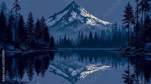 Snow capped mountain peak reflecting in calm lake at twilight