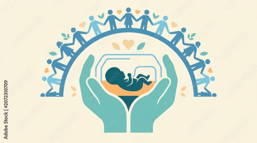 Naklejka premium Hands holding an incubator with a premature baby inside, representing support from medical professionals and community for neonatal care.