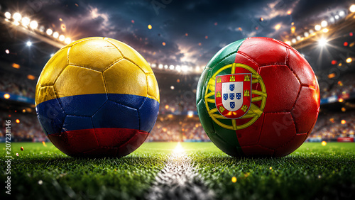 Colombia vs Portugal soccer match concept with national flag balls in illuminated stadium