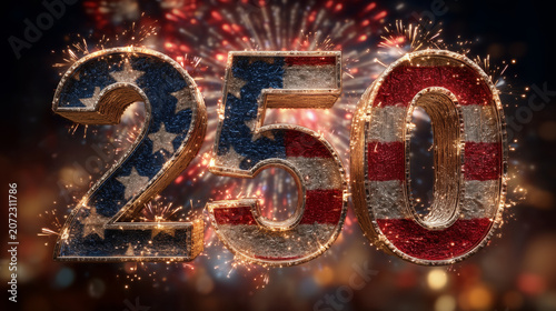 250th Anniversary USA Independence Day Celebration: Semiquincentennial Graphic with Fireworks A professional, high-impact conceptual graphic celebrating the 250th Anniversary of th