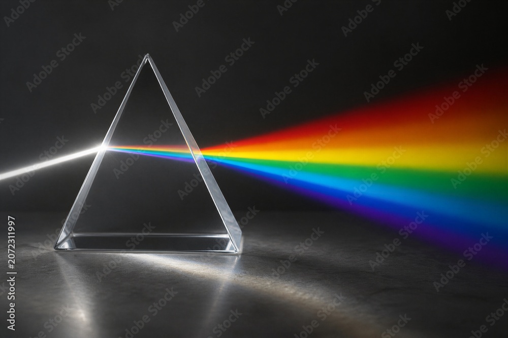 Naklejka premium Glass prism dispersing light into rainbow spectrum on surface